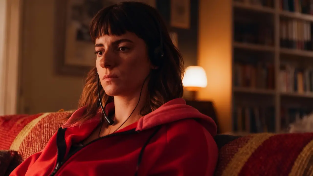 Una donna con le cuffie seduta su un divano, con espressione seria, in un ambiente domestico.