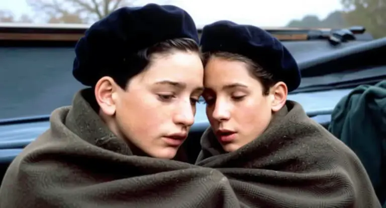 Due bambini avvolti in una coperta, con espressioni serie, indossano berretti scuri