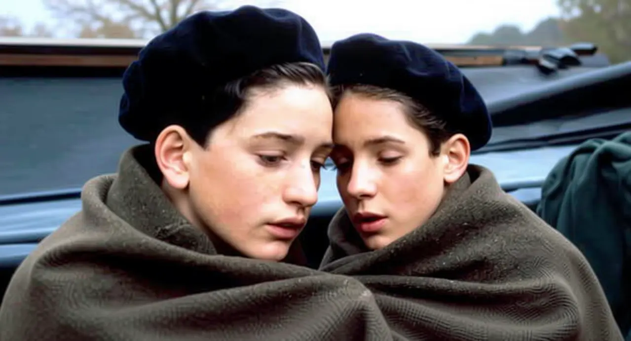 Due bambini avvolti in una coperta, con espressioni serie, indossano berretti scuri