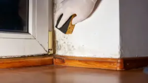 Persona con guanto che pulisce la muffa da un angolo del muro vicino a una finestra