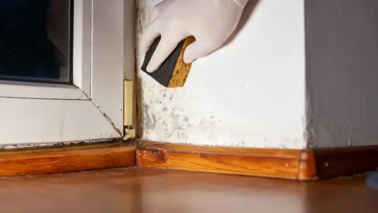 Persona con guanto che pulisce la muffa da un angolo del muro vicino a una finestra