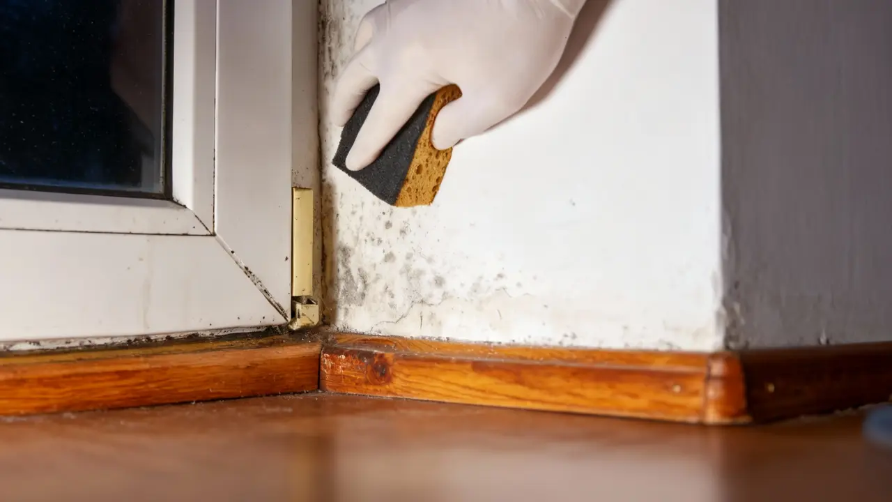 Persona con guanto che pulisce la muffa da un angolo del muro vicino a una finestra