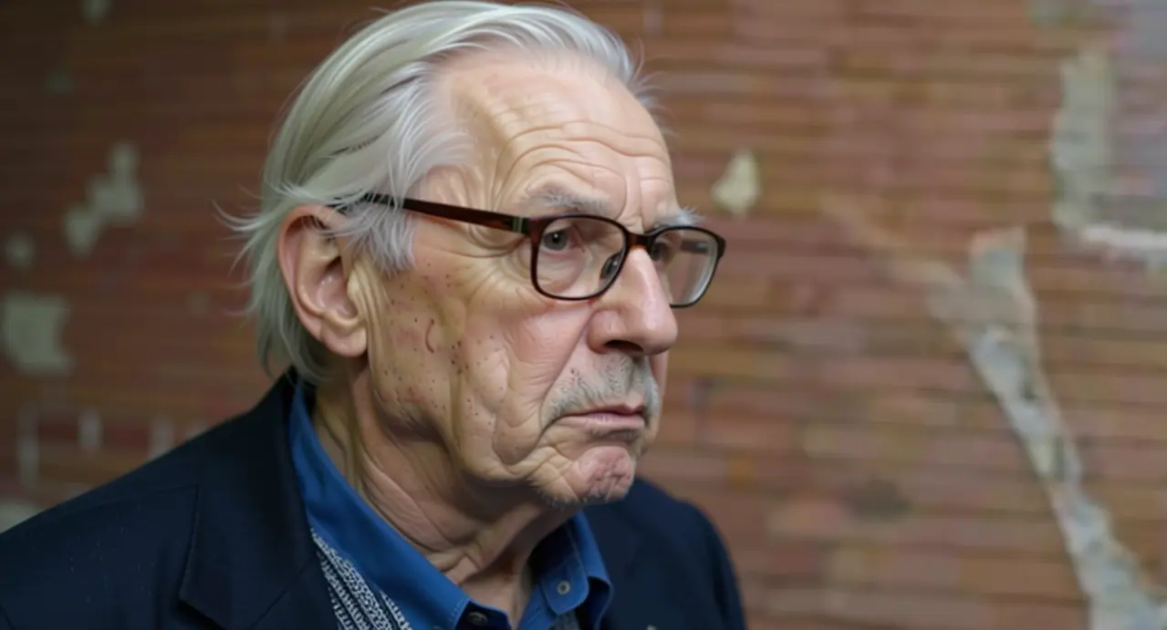 Un uomo anziano con occhiali guarda pensieroso davanti a sé, sullo sfondo un muro in mattoni