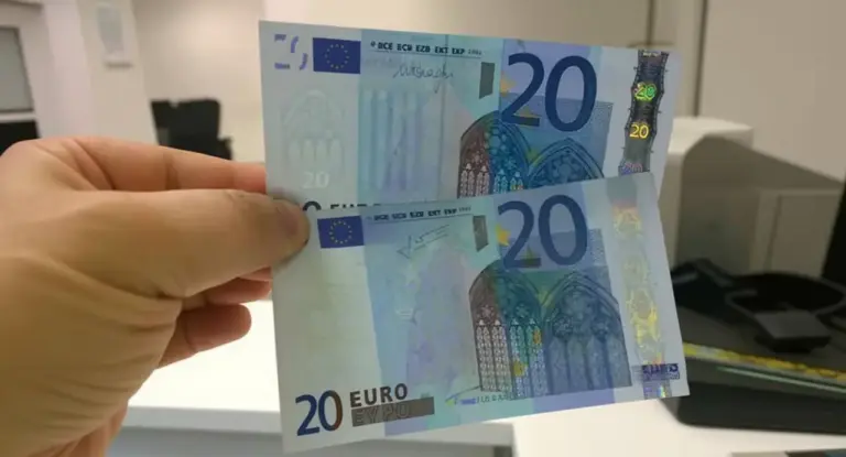 Persona che confronta due banconote da 20 euro in un ufficio.