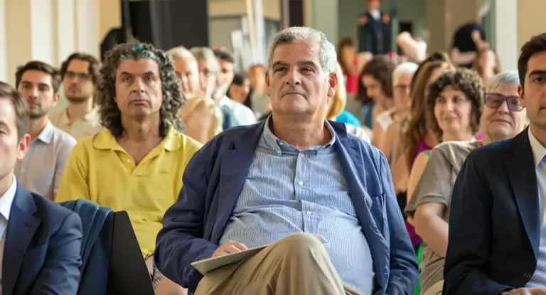 Un uomo seduto tra il pubblico durante un evento politico o conferenza.