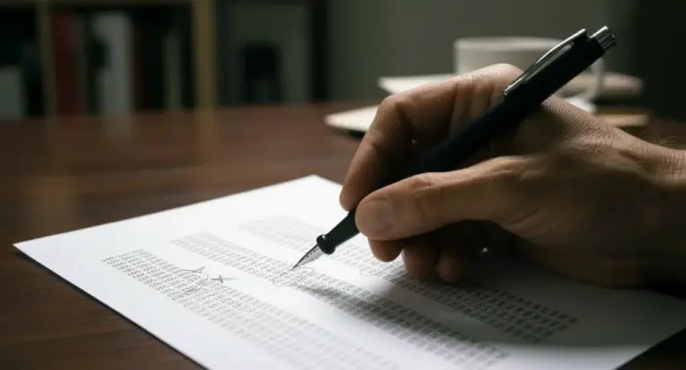 Mano che analizza un documento cifrato con una penna su un tavolo di legno.