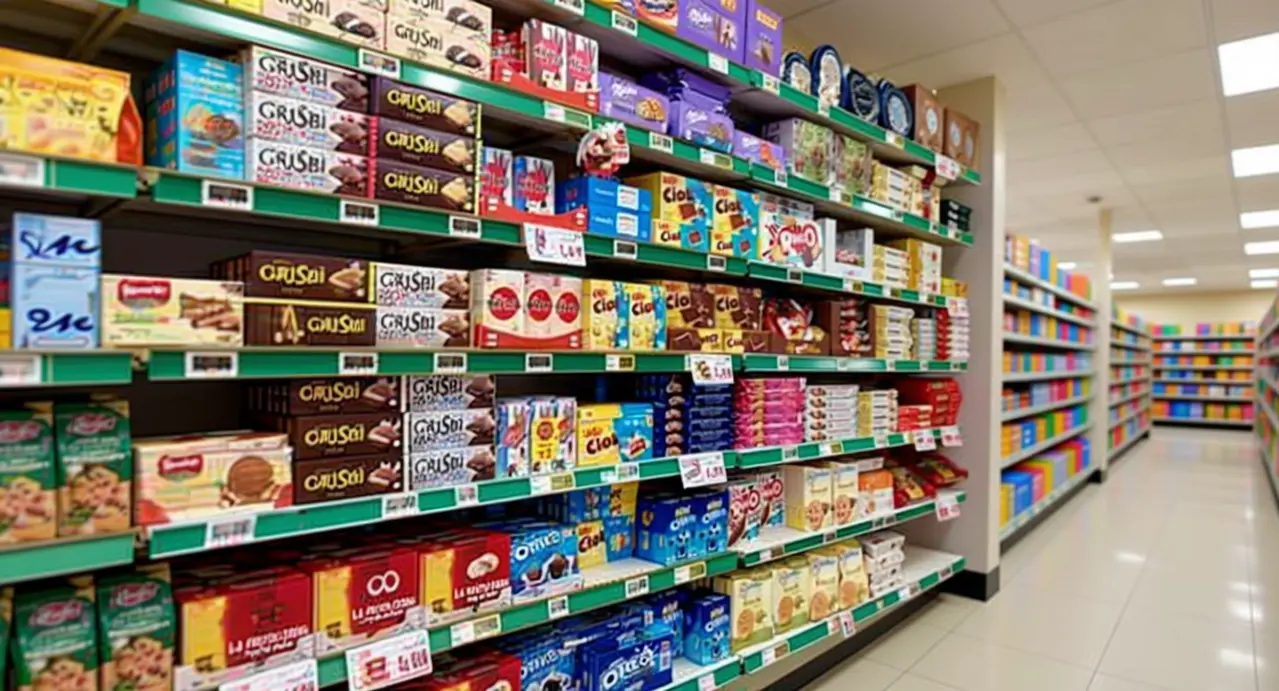 Scaffale di supermercato con confezioni di biscotti da colazione italiani