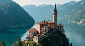 Borgo arroccato su una rocca con vista panoramica su un lago circondato da montagne