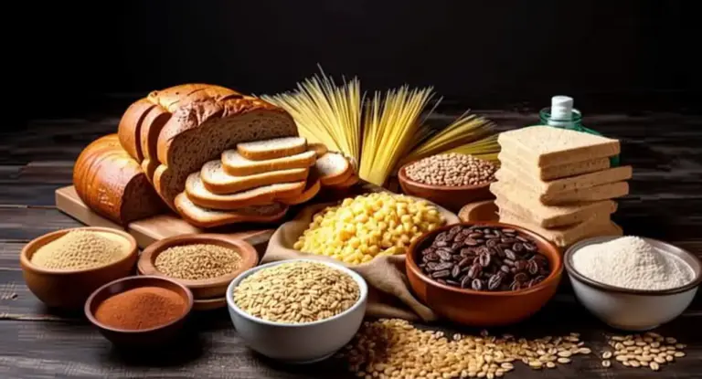 Varietà di alimenti ricchi di carboidrati, come pane, pasta e cereali, disposti su un tavolo