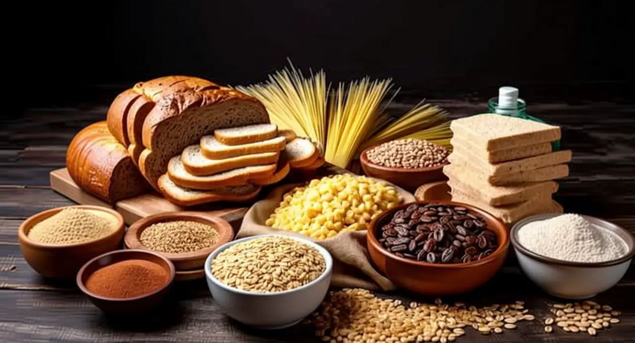 Varietà di alimenti ricchi di carboidrati, come pane, pasta e cereali, disposti su un tavolo