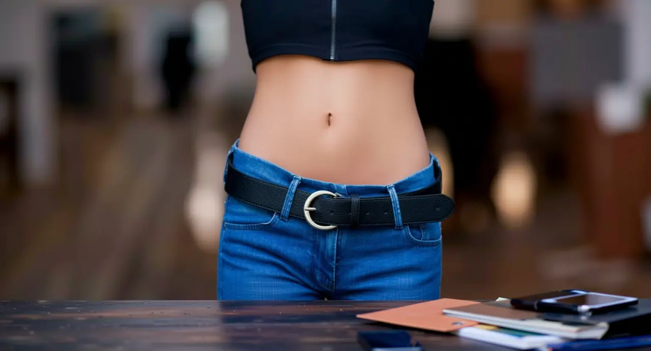 Pancia piatta di una persona in jeans e top scuro