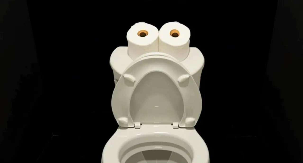 WC con due rotoli di carta igienica sopra, su sfondo nero