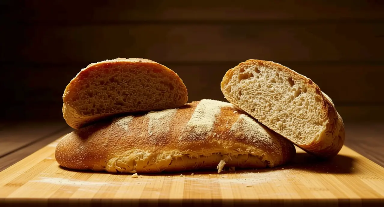 Pane integrale tagliato a metà su un tagliere in legno