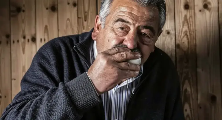 Un uomo anziano assapora una mozzarella di bufala con espressione soddisfatta