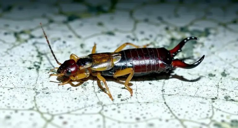 Un insetto forbice su una superficie chiara e screpolata