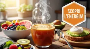 Tazza di bevanda calda accanto a frutta fresca e toast con avocado e uovo