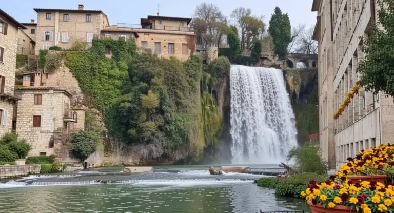 Cascata scenografica nel centro storico di un borgo italiano con edifici in pietra e vegetazione rigogliosa