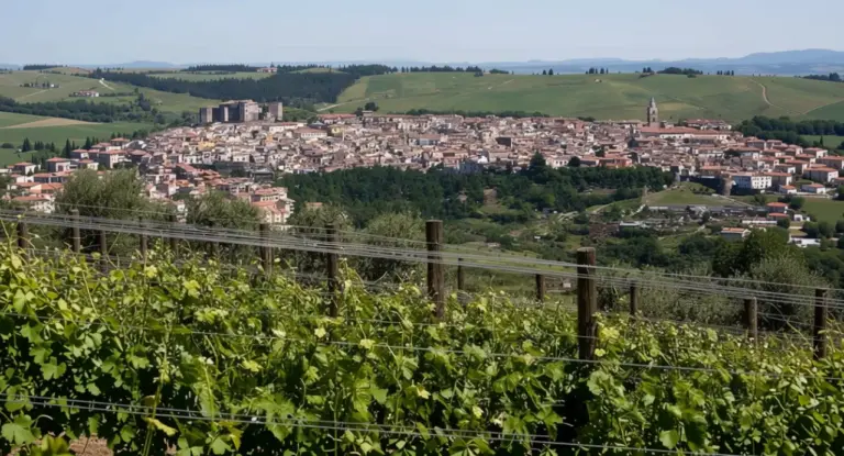 Veduta di una città italiana con vigneti in primo piano e colline sullo sfondo