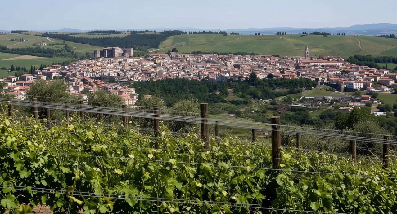 Veduta di una città italiana con vigneti in primo piano e colline sullo sfondo