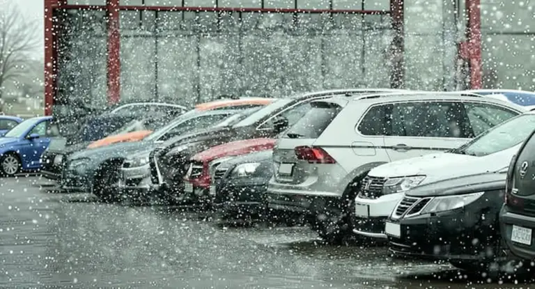 Auto parcheggiate sotto una fitta nevicata in una giornata ventosa e fredda
