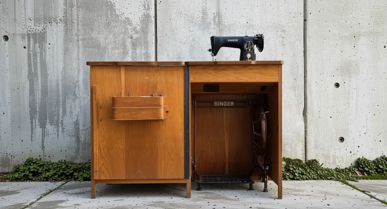 Macchina da cucire Singer del 1970 con mobile in legno su sfondo di cemento.