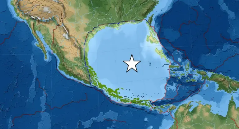 Mappa topografica con linee tettoniche e una stella che indica un'area sismica nell'oceano