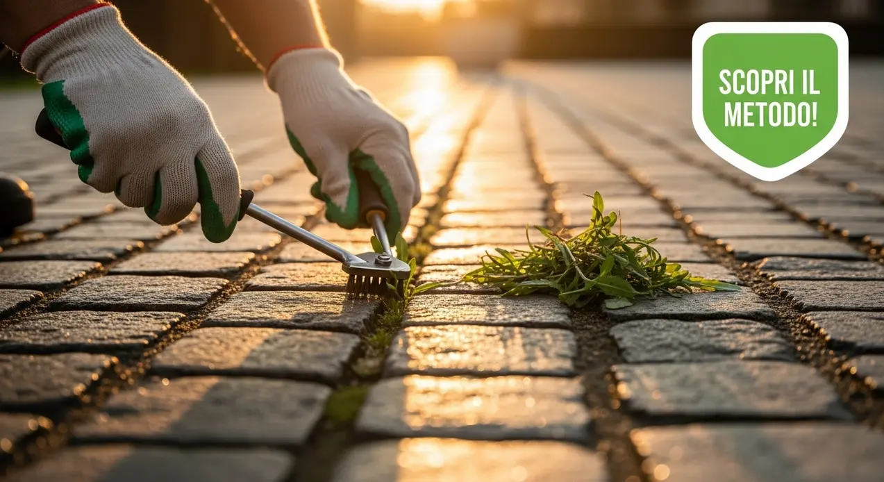 Persona con guanti da giardinaggio rimuove erbacce dalle fughe di un pavimento in pietra