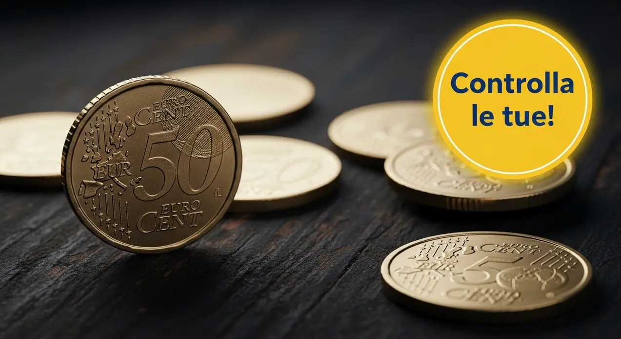Monete da 50 centesimi euro disposte su una superficie scura, una in primo piano