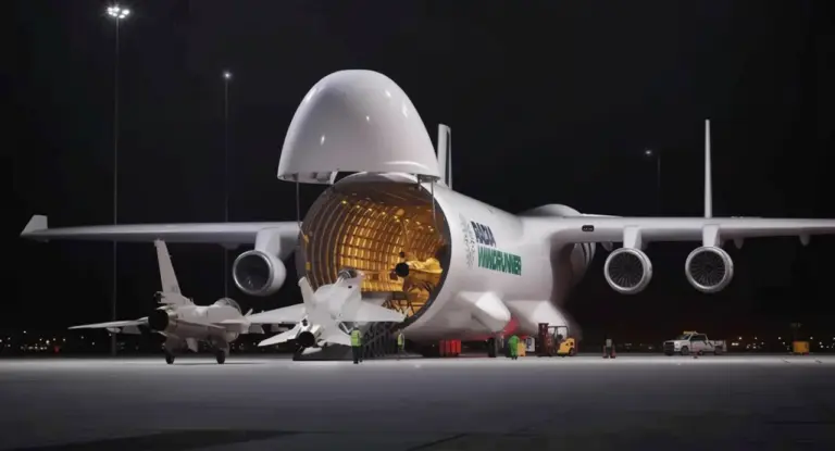 Un grande aereo cargo aperto mentre carica jet su una pista illuminata di notte