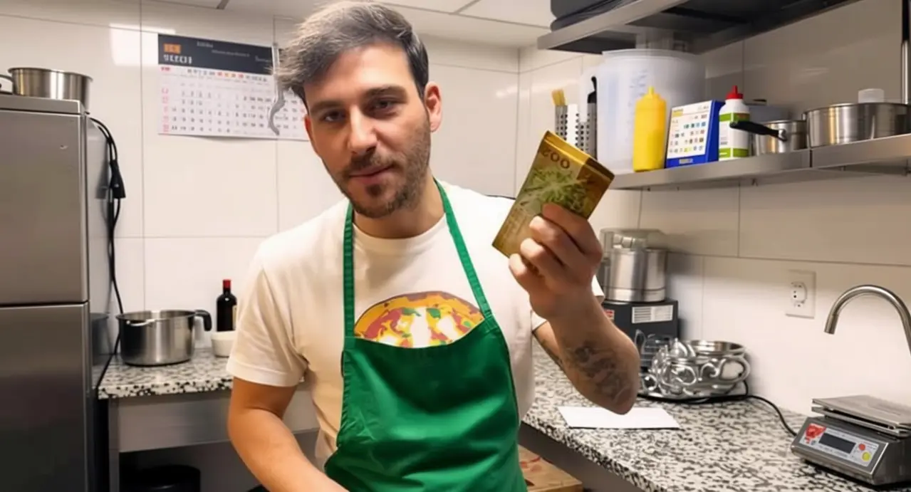 Un pizzaiolo con grembiule verde mostra una banconota all'interno di una cucina professionale.