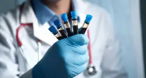 Medico con guanto tiene provette di sangue per analisi cliniche