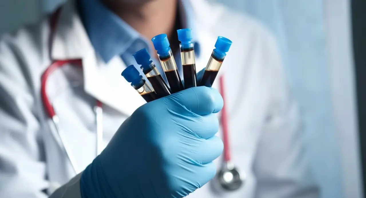 Medico con guanto tiene provette di sangue per analisi cliniche