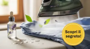 Ferro da stiro a vapore su una camicia con boccetta di olio essenziale alla lavanda