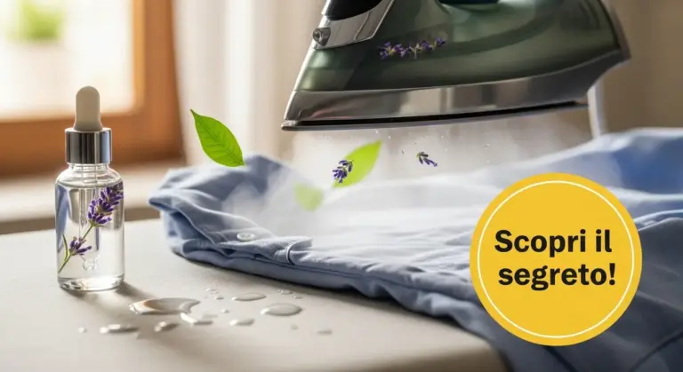 Ferro da stiro a vapore su una camicia con boccetta di olio essenziale alla lavanda