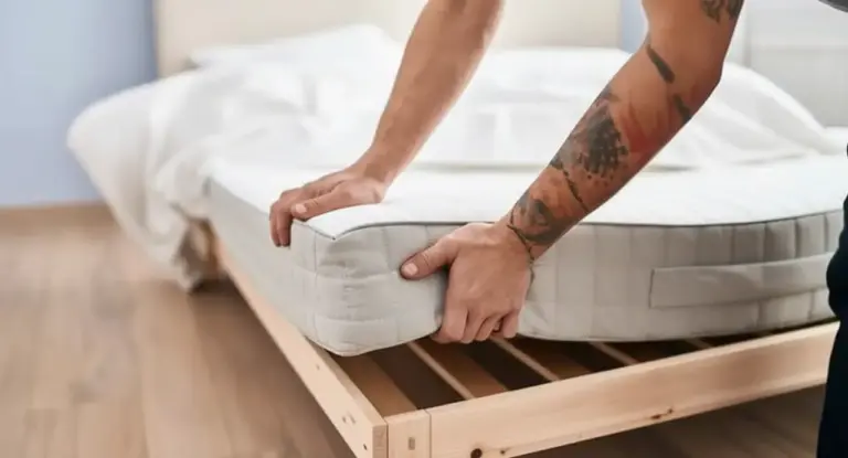 Persona che solleva un materasso da una struttura in legno in una camera da letto