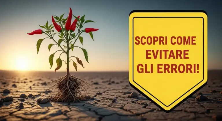 Pianta di peperoncino con radici esposte su terreno arido al tramonto