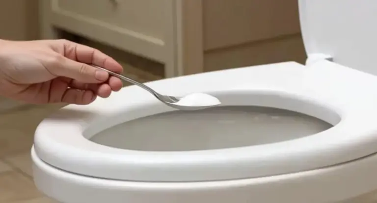 Una mano versa polvere bianca nel water con un cucchiaio