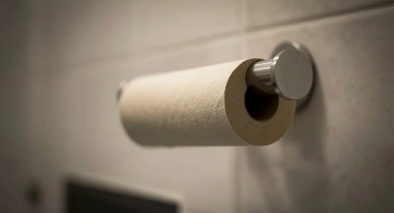 Rotolo di carta igienica esaurito su un supporto da parete in bagno