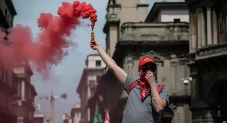 Una persona con cappello e bandana rossa solleva un fumogeno in una strada cittadina durante una manifestazione