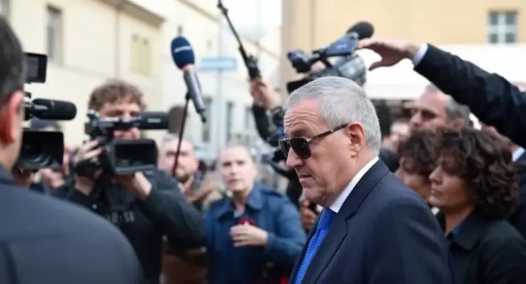 Un uomo in giacca e cravatta circondato da giornalisti e telecamere fuori dal tribunale