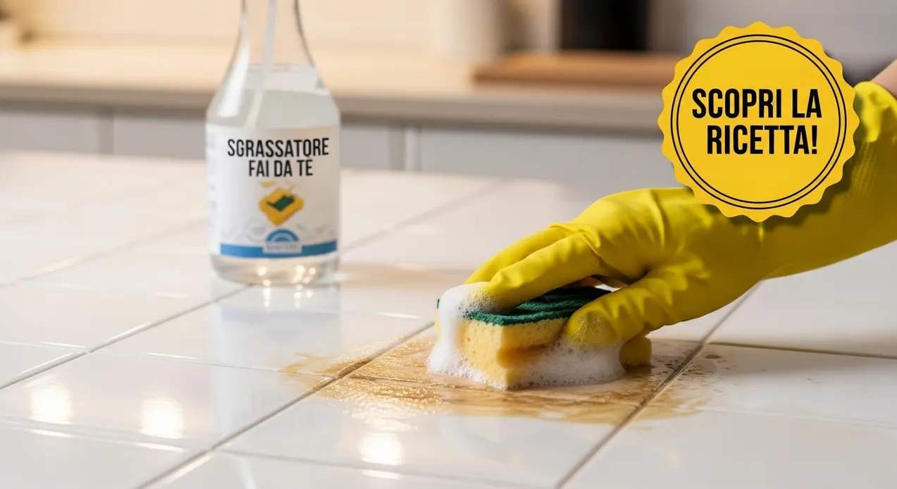 Mano con guanto giallo che pulisce una superficie unta con spugna e sgrassatore fai da te