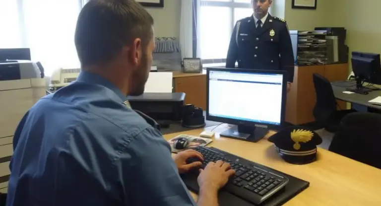 Personale in divisa utilizza un computer in un ufficio delle forze dell’ordine.