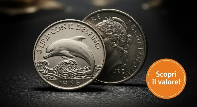 Due monete da 5 lire italiane con il delfino su sfondo scuro