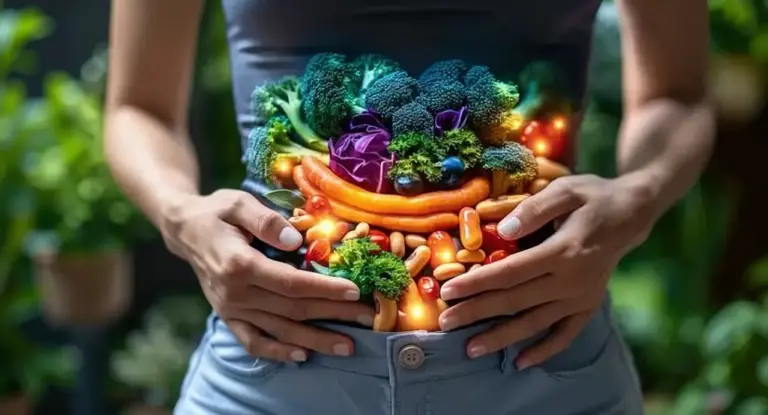 Persona con verdure colorate sovrapposte sull'addome, simbolo di benessere intestinale